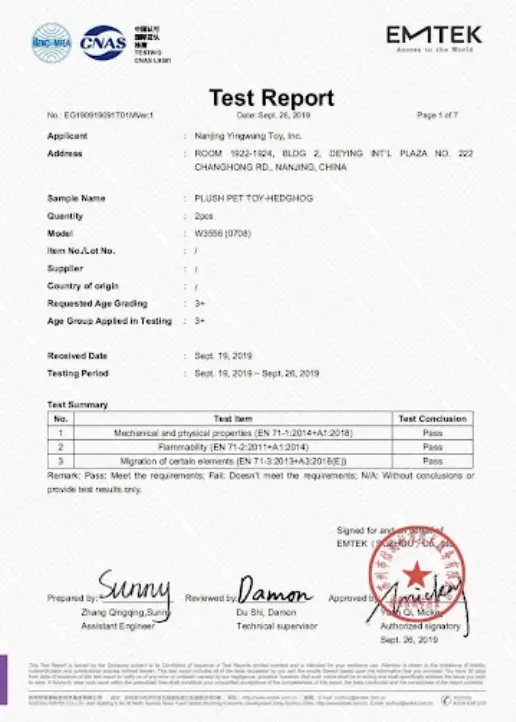Plush toys EN71 test report