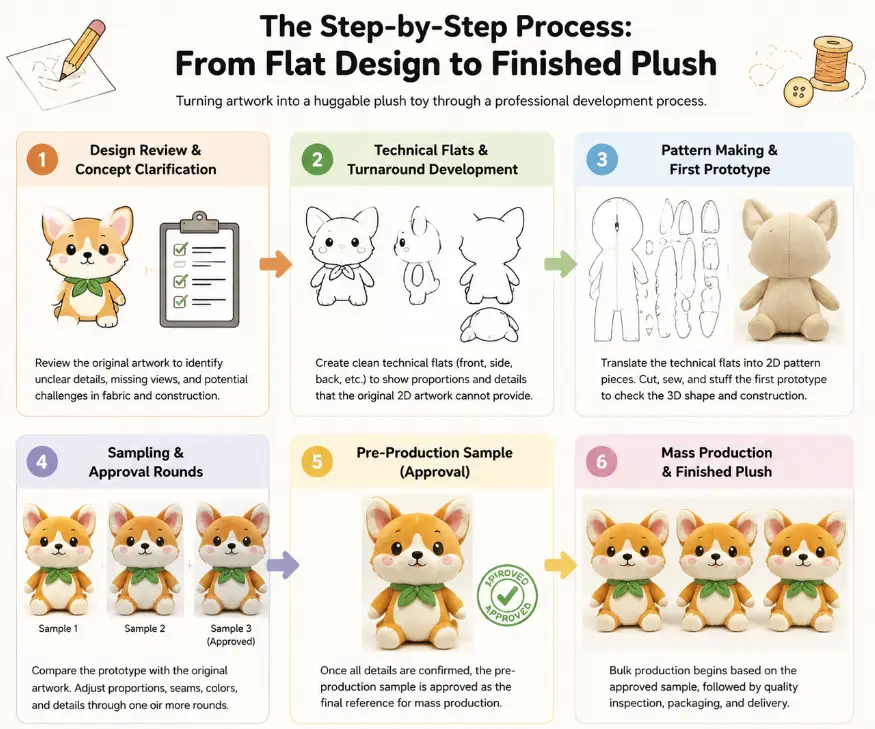 The Step-by-Step Process From 2D Design to Finished Plush Converting artwork into a finished plush toy
